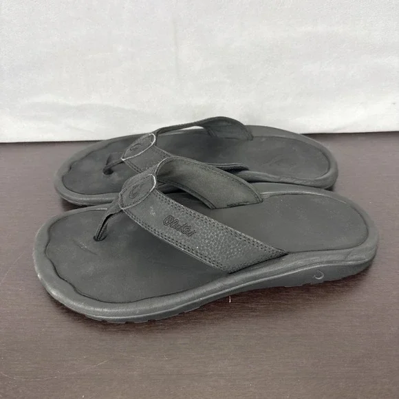 Olukai Ohana Sandals Women's Size 8/8.5? Black Leather Rubber Flip Flops Summer - Picture 3 of 10